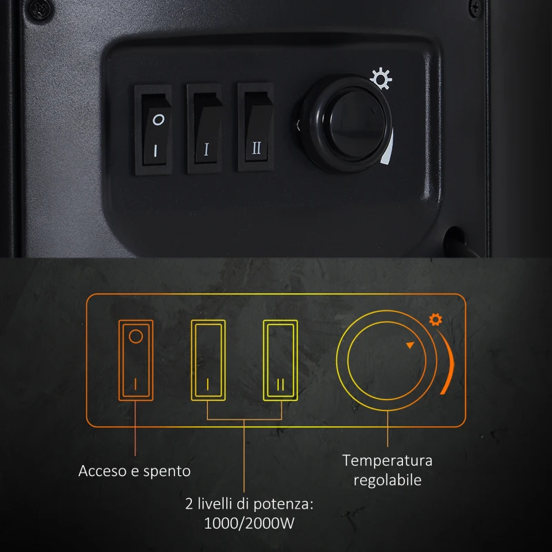 HOMCOM Camino Elettrico da Terra 900W/2000W con Effetto Fiamma, Caminetto Elettrico con Temperatura Regolabile e Protezione da Surriscaldamento, 41x41x64.5cm, Nero