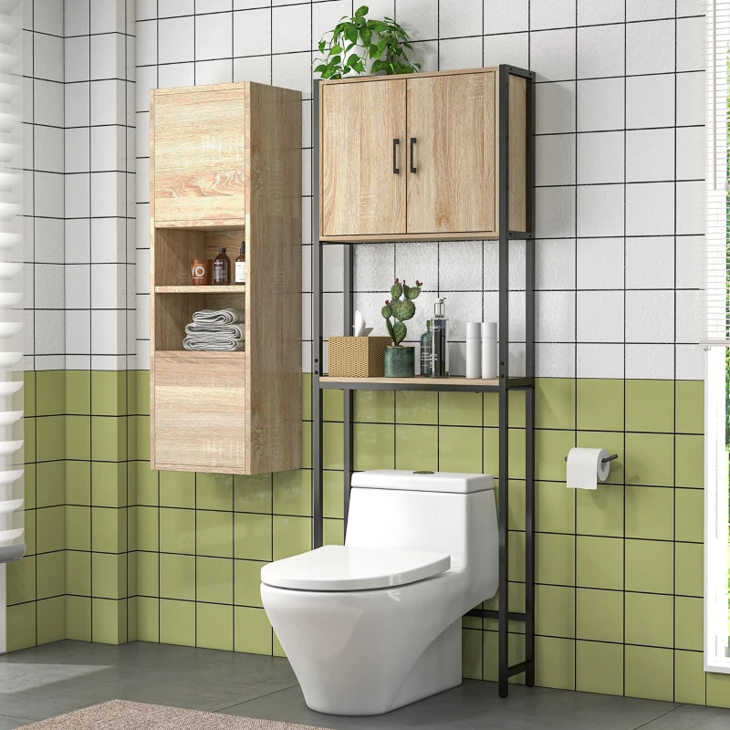 kleankin Mueble sobre Inodoro con 2 Puertas Estante Ajustable Estante Abierto para Espacio Pequeño 64x19x178 cm Natural