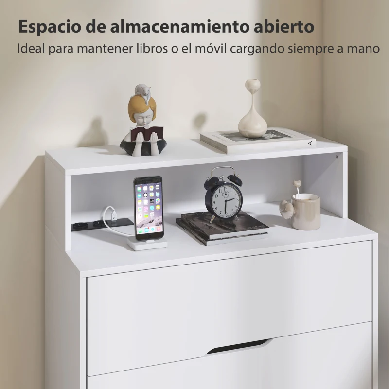 HOMCOM Cómoda para Dormitorio de 4 Cajones con Estación de Carga Puerto USB Puerto USB-C Estante Abierto 80x40x120 cm Blanco