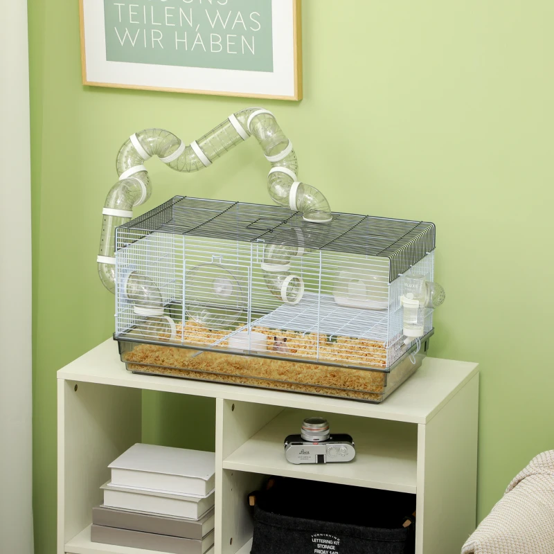 PawHut Cage hamster cage rongeur avec tunnel et accessoires inclus fil d'acier 58 x 32 x 31 cm gris