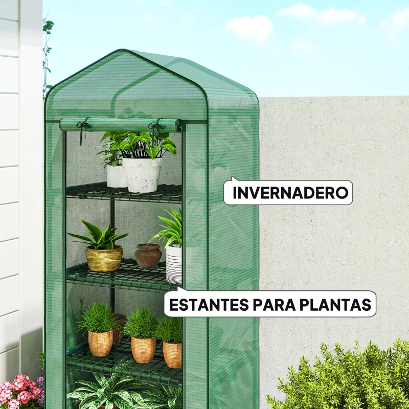 Outsunny Invernadero de Exterior con 4 Estantes Ruedas Puerta Enrollable Cubierta de PE y Marco de Acero 69x50x165 cm Verde