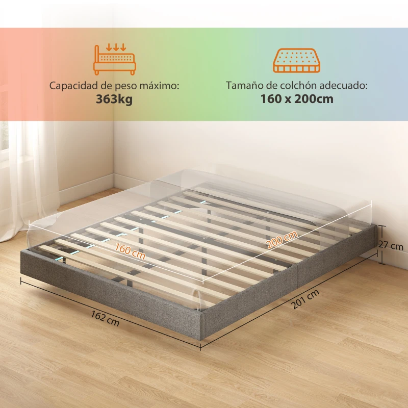 HOMCOM Bettgestell 160x200 cm mit LED-Leuchten Leinenbezug Holzlatten Einfach zu montieren Grau