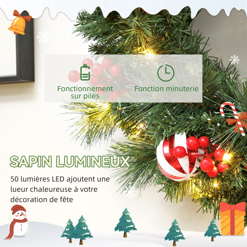 HOMCOM Couronne de Noël lumineuse 60 cm avec 50 LED, minuterie, 146 pointes, pommes de pin, baies, boules décoratives, vert