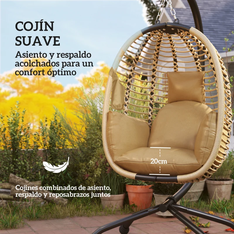 Outsunny Silla Colgante con Soporte Cesta Plegable Cojín y Reposacabezas para Interior y Exterior Carga 120 kg Beige