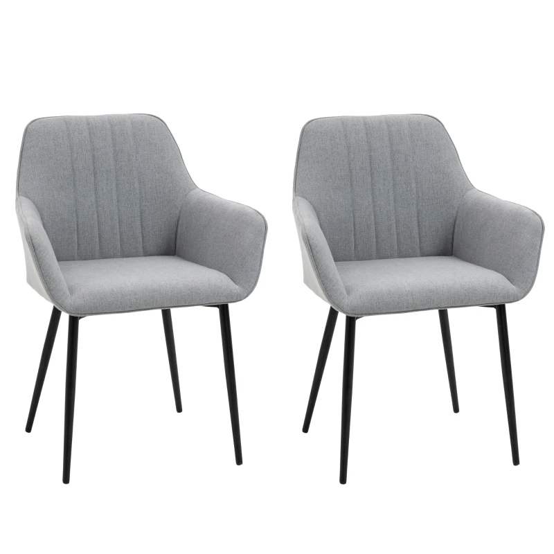 HOMCOM Chaises de Salle à Manger Chaises de Visiteur Design scandinave - Lot de 2 chaises - Pieds effilés métal Noir - Assise Dossier accoudoirs ergonomiques Lin Gris