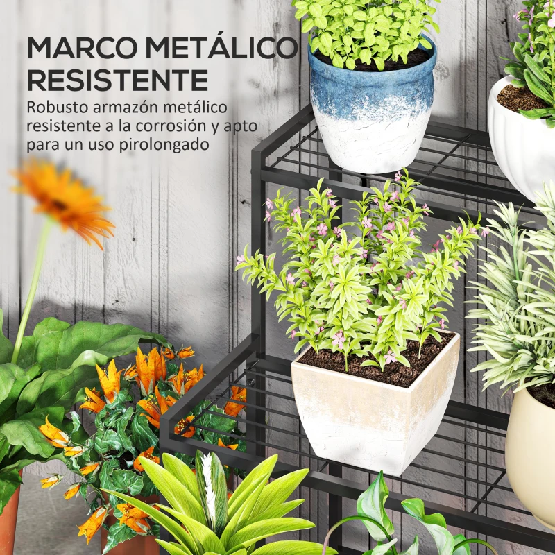Outsunny Soporte para Plantas de Tres Niveles con Diseño en Escalera y Estructura Metálica Resistente para Interior y Exterior