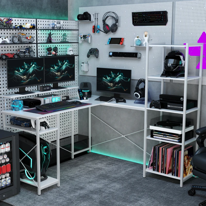 HOMCOM Bureau d'angle, en forme de L avec prise intégrée, support d'écran et étagère de rangement, blanc