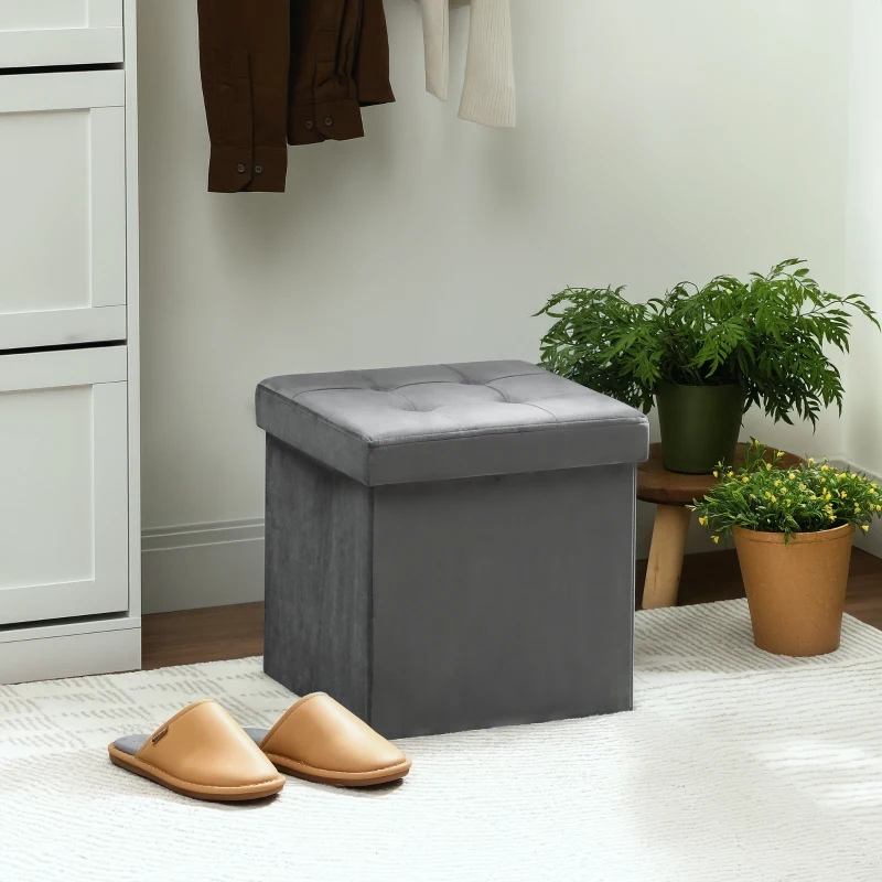 HOMCOM Pouf coffre rangement pliable, tabouret carré 37,6 L en tissu velours, charge 120 Kg, 38 x 38 x 38 cm, gris