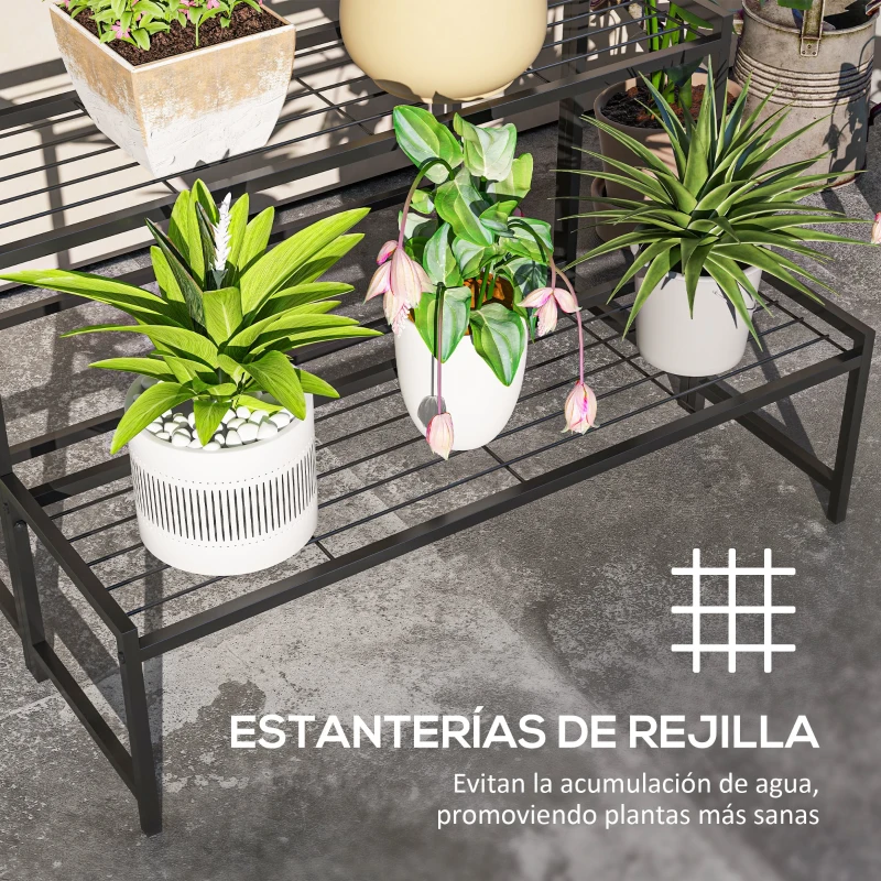 Outsunny Soporte para Plantas de Tres Niveles con Diseño en Escalera y Estructura Metálica Resistente para Interior y Exterior