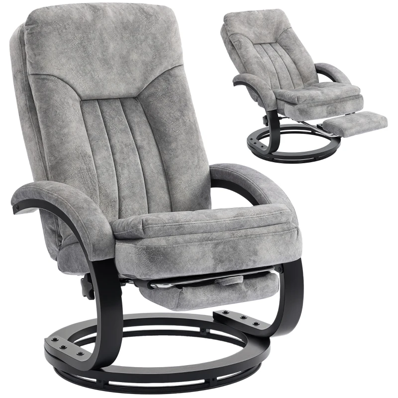 HOMCOM Swivel Recliner Chair with Footrest, Manual Recliner Armchair with Wooden Base, Plush Velvet Upholstered Reclining Chair for Living Room, Bedroom, Office, Grey