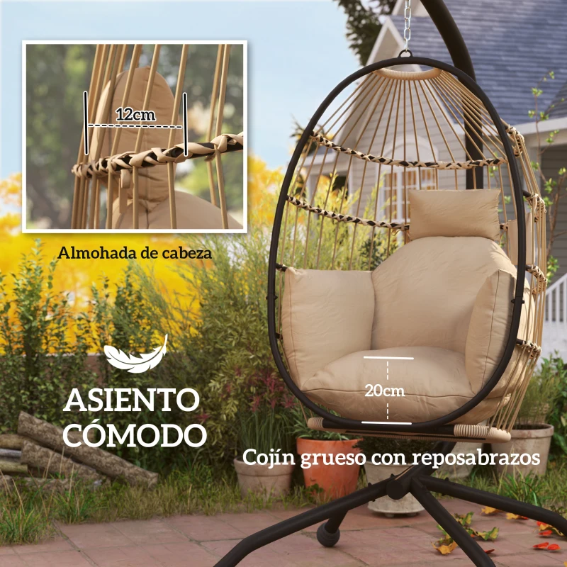 Outsunny Silla Colgante con Soporte Cesta Plegable Cojín y Reposacabezas para Interior y Exterior Carga 120 kg Caqui