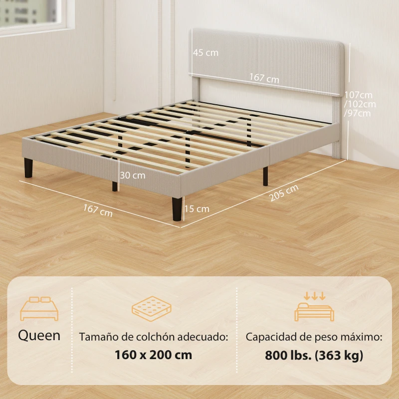 HOMCOM Somier 160x200 cm con Cabecero Ajustable Tapizado en Pana Láminas de Madera Fácil de Montar Gris Claro