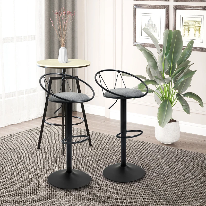 HOMCOM Lot de 2 tabourets de Bar Design néo-rétro réglable pivotant avec Repose-Pied métal Noir Lin Gris