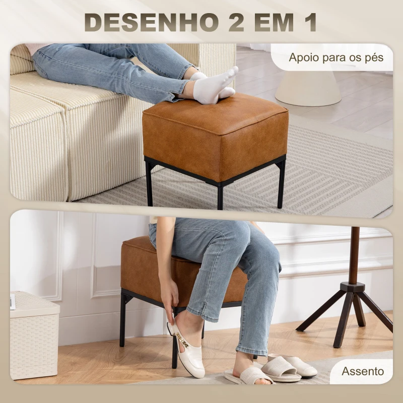 HOMCOM Banco Estofado em PU com Pés de Aço Acolchoado Espesso Estilo Moderno Otomana para Quarto 40x40x46 cm  Castanho