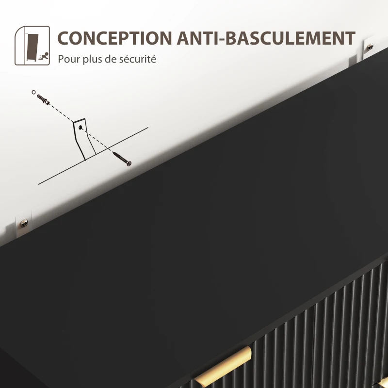 HOMCOM Buffet meuble cuisine rangement avec 3 tiroirs, étagères réglables, placards à portes cannelées, 120 x 40 x 90 cm, noir