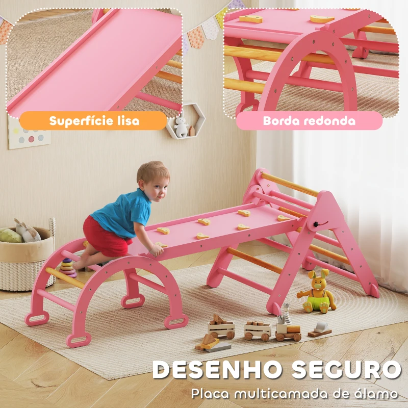 AIYAPLAY Triângulo de Escalada 7 em 1 com Arco e Rampa Escalada para Crianças de Madeira Dobrável para 18-48 Meses 188x70 cm Rosa