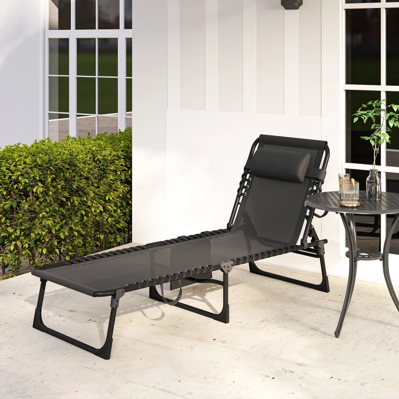 Outsunny Tumbona Plegable con Respaldo Ajustable Reposacabezas Acolchado y Estructura de Acero para Exterior 189x58x30 cm Negro