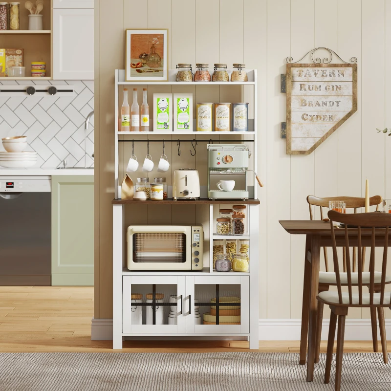 HOMCOM Alacena de Cocina con 6 Ganchos para Tazas 2 Puertas de Vidrio Estantes Abiertos 80x40x152 cm Blanco