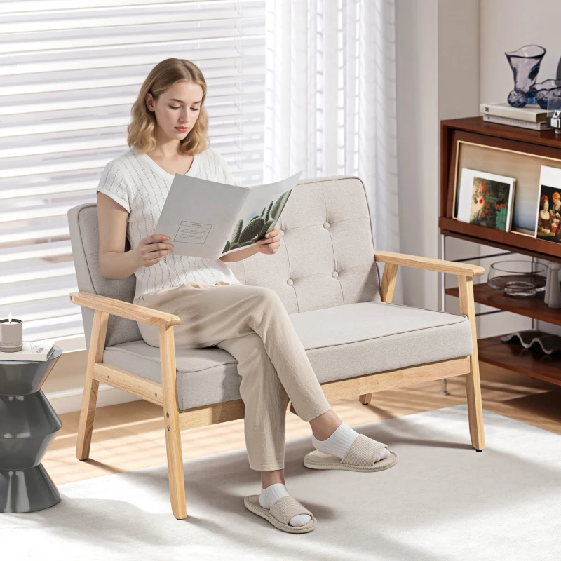 HOMCOM Sofá de 2 Plazas Tapizado en Lino Sintético Sofá Nórdico con Patas y Reposabrazos de Madera 113x67x78 cm Beige
