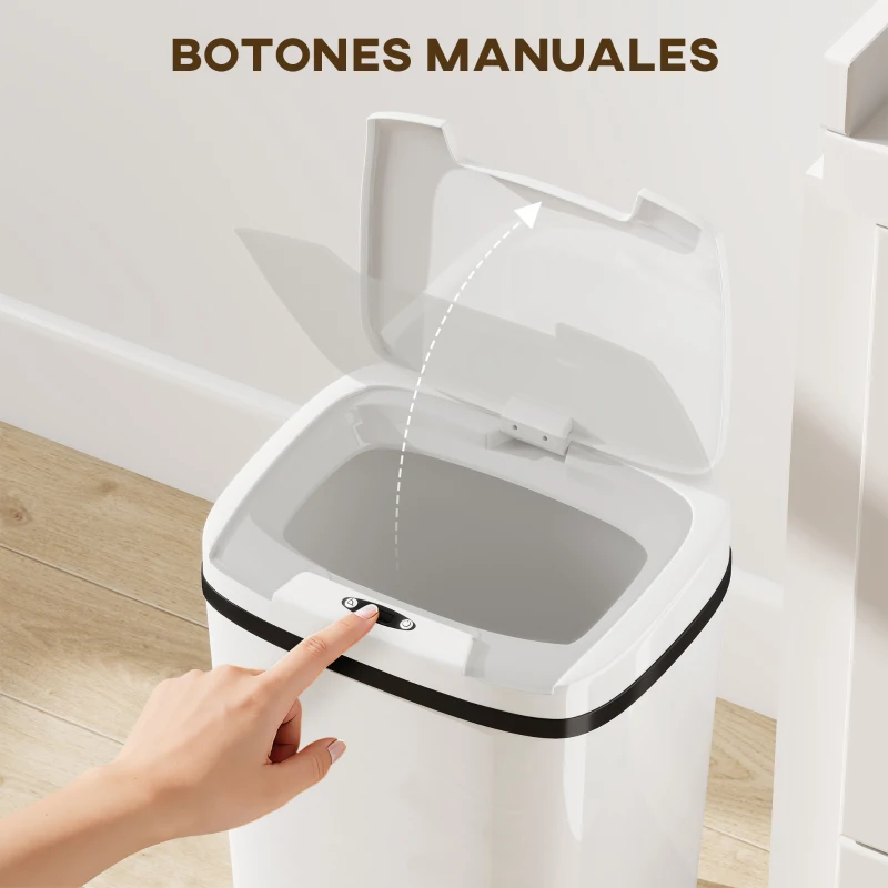 HOMCOM Cubo de Basura Cocina Automático 15 L con Sensor Infrarrojo y Modo Manual Anillo de Retención Antihuellas Blanco