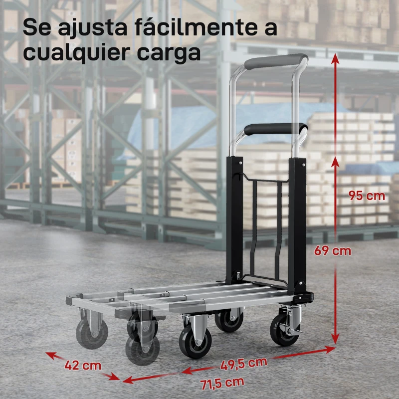 HOMCOM Carretilla de Mano Plegable de Aluminio Carga 150 kg con Ruedas Mango Ajustable y Plataforma Extensible Plata y Negro