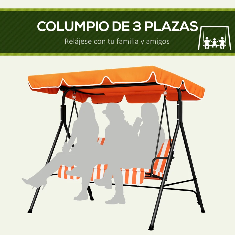 Outsunny Balancín de Jardín Exterior Columpio de 3 Plazas con Toldo Ajustable y Marco de Acero 172x110x153 cm Naranja