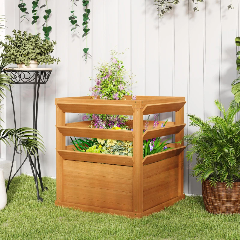 Outsunny Jardinière avec treillis, lit surélevé de jardin fond ouvert, bac à fleurs en bois 65 x 65 x 73 cm, marron clair