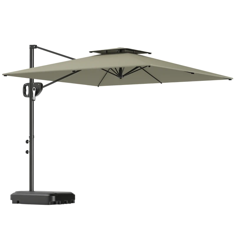 Outsunny Parasol lateral 247 x 247 cm inclinable con doble techo, manivela, base, resistente al agua, Gris claro