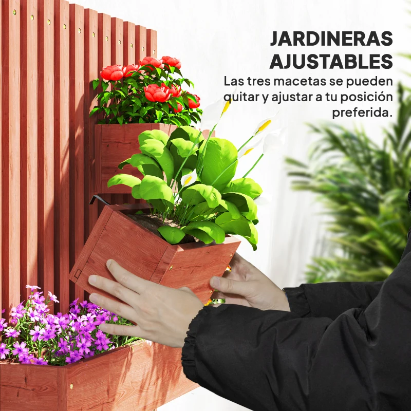 Outsunny Jardinera de Pared de Madera con Enrejado y 3 Macetas Móviles para Jardín Terraza Patio 60x16x80 cm Marrón