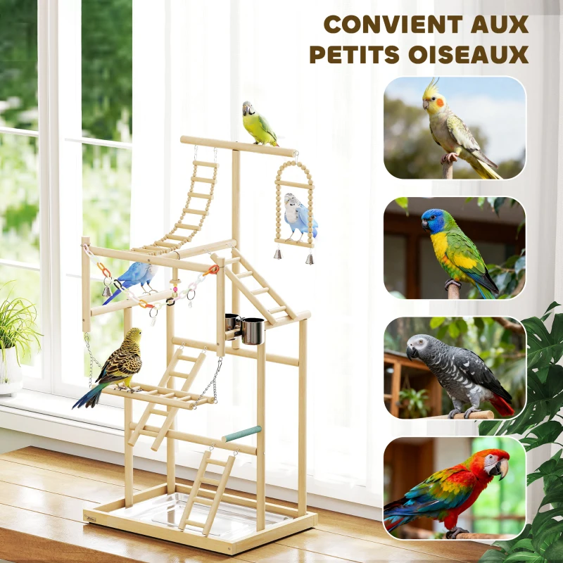 PawHut Aire de jeux pour oiseaux, terrain de jeu pour perroquet, échelles, jouet à chaîne, plateau, 48x38x95cm, bois naturel