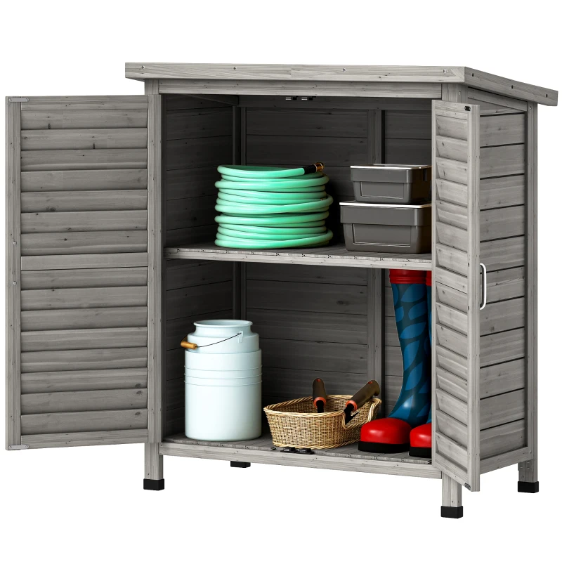 Outsunny Garden Shed Wooden Garden Storage Shed 2 Door Unit Solid Fir Wood Garage Tool Organisation Cabinet, 87L x 46.5W x 96.5Hcm, Grey