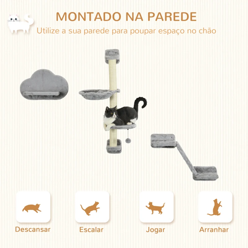 PawHut Conjunto de Prateleiras de Escalada para Gatos de 3 Peças  com Rede Rampa Arranhador Plataforma em Forma de Nuvem para Saltar Cinzento
