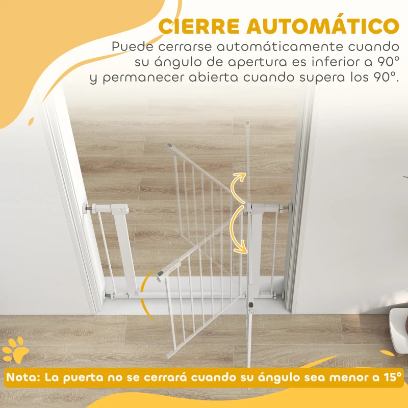 PawHut Barrera de Seguridad de Perros Extensible para Escaleras y Puertas 76-97 cm con 2 Extensiones de 7 cm Cierre Automático y Marco Metálico Altura 76 cm Blanco