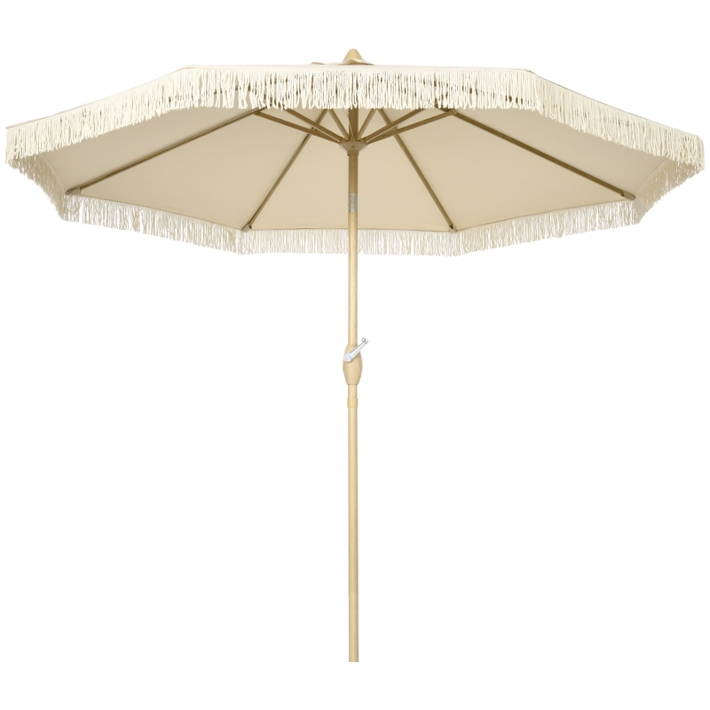 Outsunny Garden Umbrella Ø265x244 cm with Manual Crank Adjustable Angle and Boho-style Fringes for Patio Pool Cream