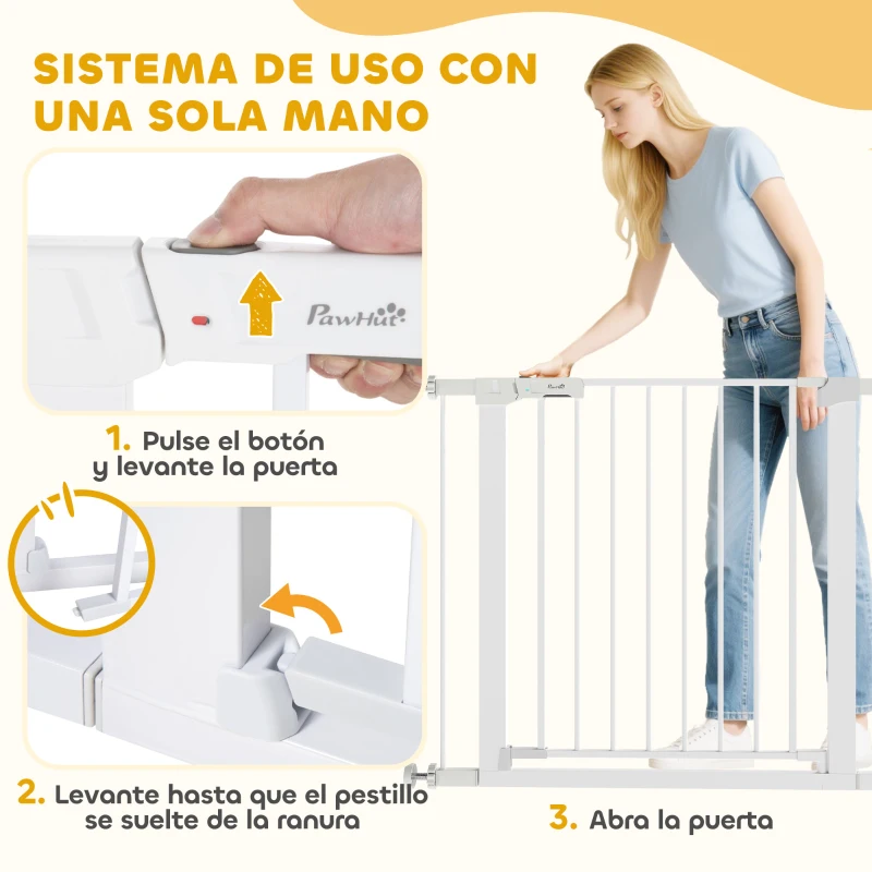 PawHut Barrera de Seguridad de Perros Extensible para Escaleras y Puertas 76-97 cm con 2 Extensiones de 7 cm Cierre Automático y Marco Metálico Altura 76 cm Blanco