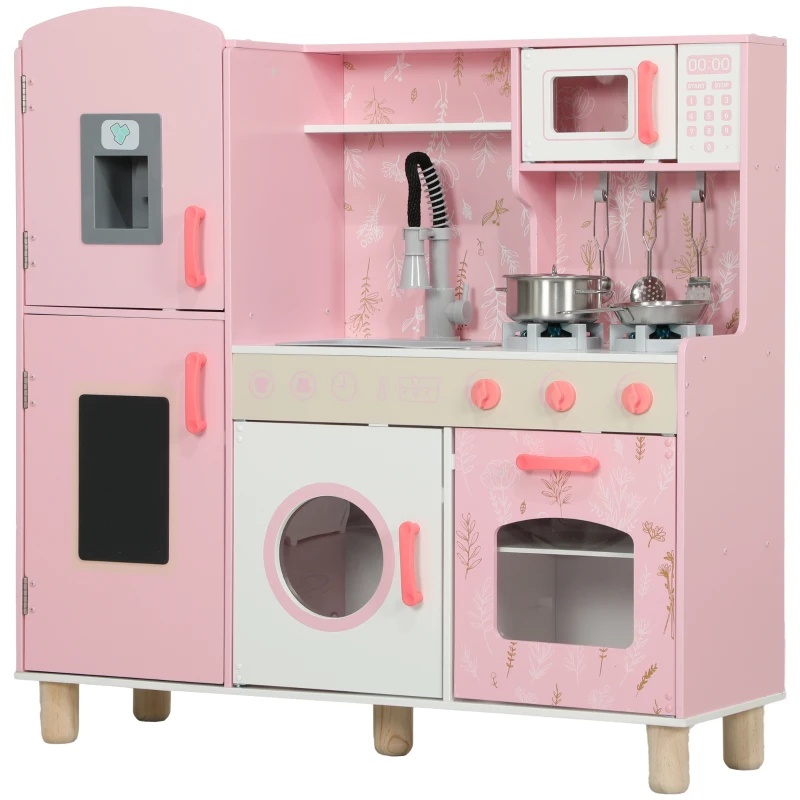 AIYAPLAY Play Kitchen, Kids Kitchen Set with Lights and Sounds, Double Stoves, Ice Maker, Chalkboard for 3+ Years, Pink