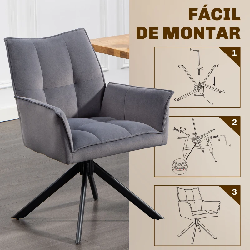 HOMCOM Juego de 2 Sillas de Comedor Giratorias con Reposabrazos Respaldo Acolchado Tapizado en Terciopelo Patas de Acero Gris