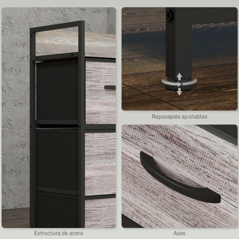 HOMCOM Cómoda con 4 Cajones de Tela Plegables Industrial Estante Abierto Marco de Acero Cajonera para Espacios Pequeños Gris