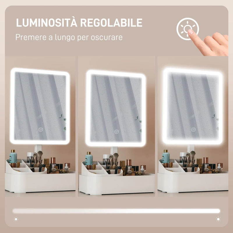 HOMCOM Specchio da Trucco con Luce Regolabile su 2 Livelli, Rotazione 180° e Organizer per Trucchi, Bianco
