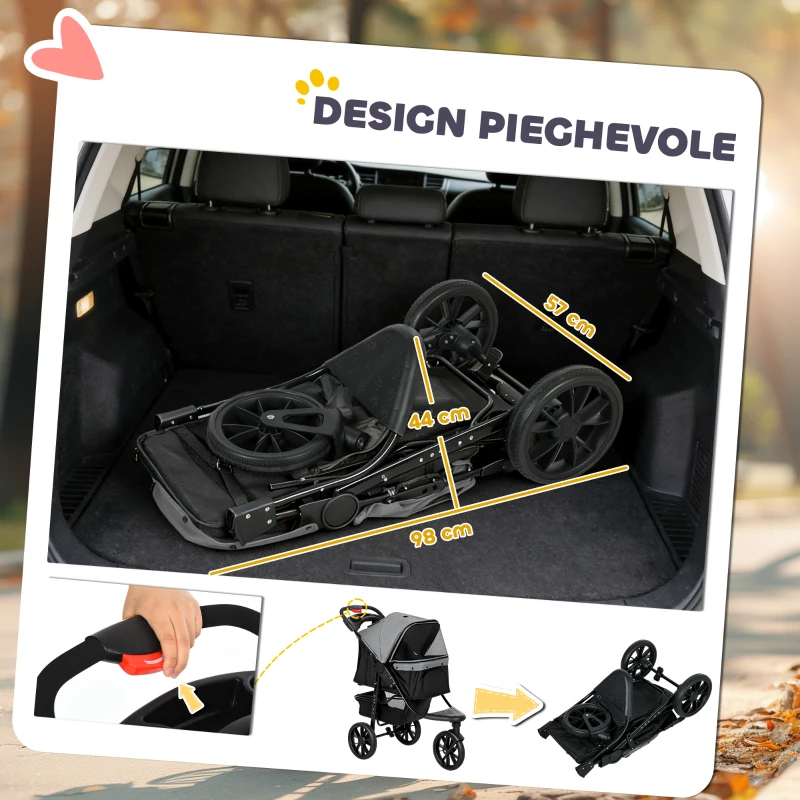 PawHut 2 in 1 Passeggino per Cani Pieghevole a 3 Ruote con Freno, Cestino Portaoggetti e Porta Bottiglia, in Acciaio e Oxford, Grigio e Nero, 109.5x57.5x106.5cm