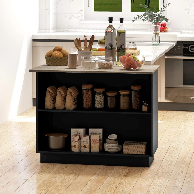 HOMCOM Desserte îlot de cuisine étagère réglable 2 compartiments ouverts 2 placards plan de travail effet bois 105 x 60 cm noir