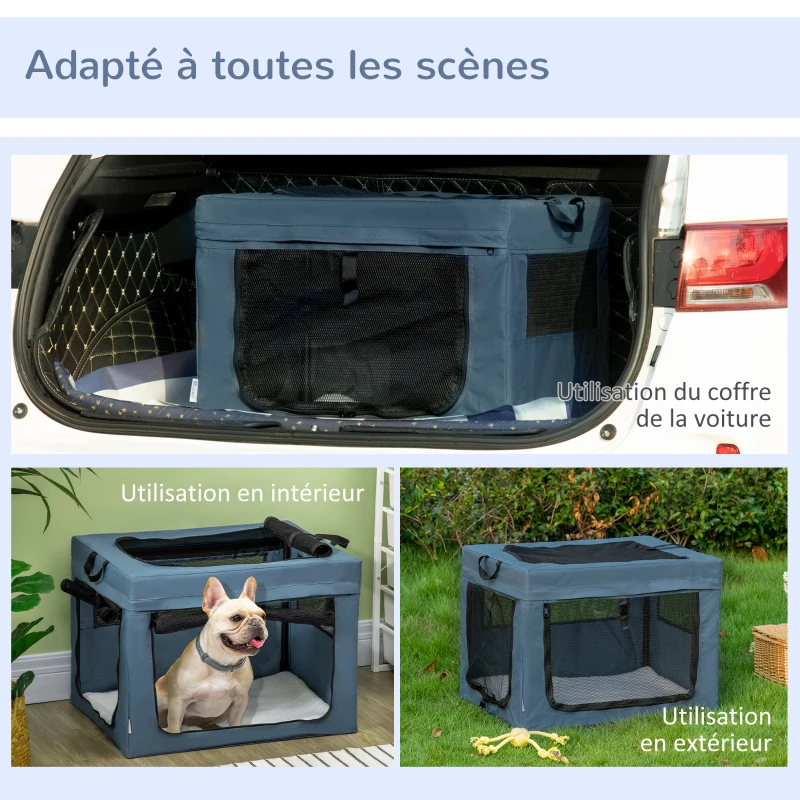 PawHut Sac de transport pliable pour animaux de compagnie avec poignée tissu en maille 69 x 51 x 51 cm bleu noir