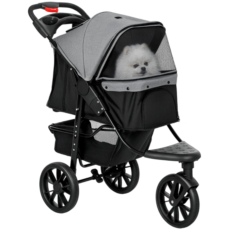 PawHut 2 in 1 Passeggino per Cani Pieghevole a 3 Ruote con Freno, Cestino Portaoggetti e Porta Bottiglia, in Acciaio e Oxford, Grigio e Nero, 109.5x57.5x106.5cm