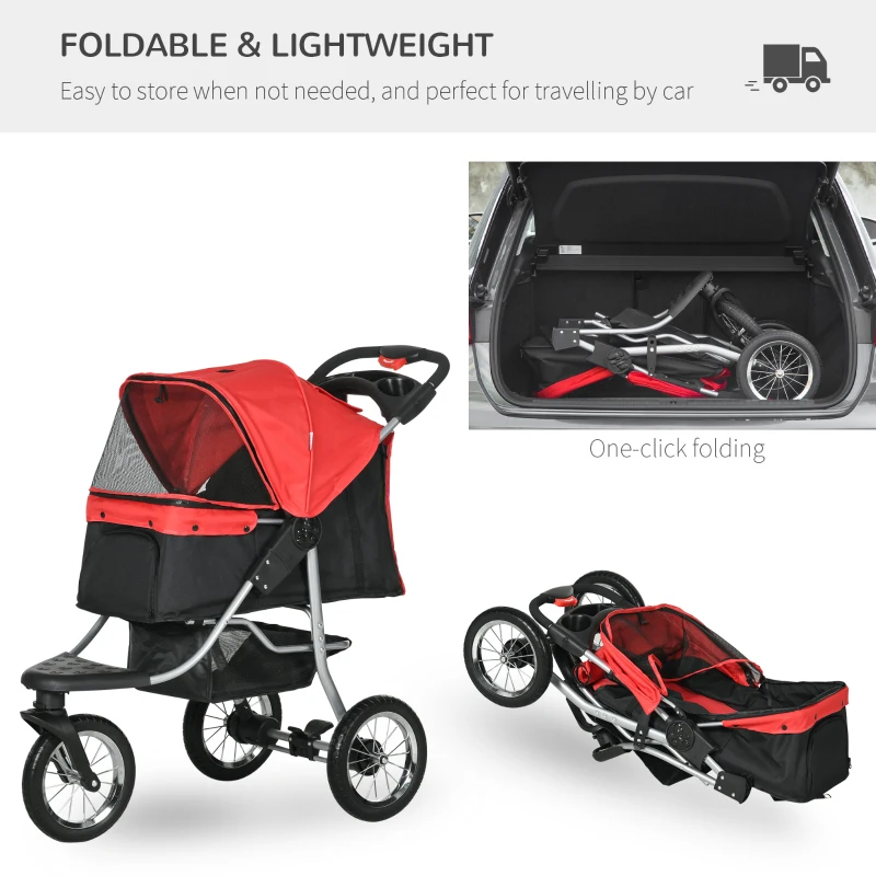 PawHut One-click Folding Pet Stroller Dog/Cat Travel Carriage with Adjustable Canopy, Cupholder, Storage Basket, Red