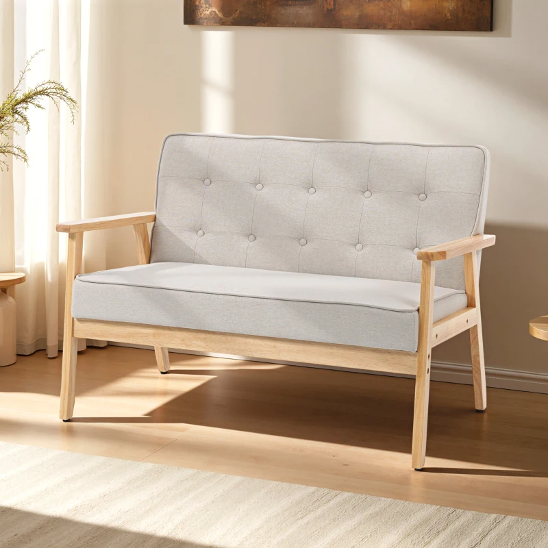 HOMCOM Sofá de 2 Plazas Tapizado en Lino Sintético Sofá Nórdico con Patas y Reposabrazos de Madera 113x67x78 cm Beige
