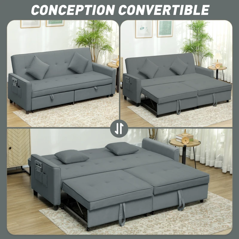 HOMCOM Divano Letto 3 Posti Clic Clac con Schienale Reclinabile e 2 Cuscini, 196x90x89 cm, Grigio