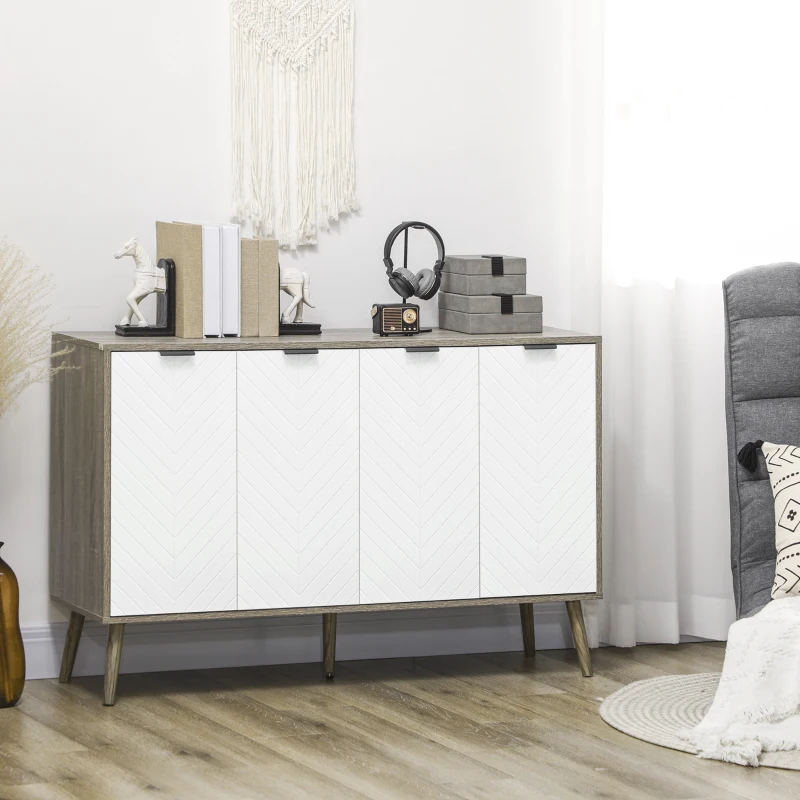 HOMCOM Buffet bas meuble de rangement 2 placards 4 portes motif chevrons étagères réglables 120 x 35 x 77,4 cm blanc et gris