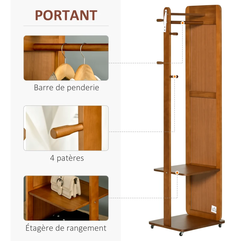 HOMCOM Miroir sur Pied avec roulettes - Portant, 4 patères étagère MDF Aspect Noyer