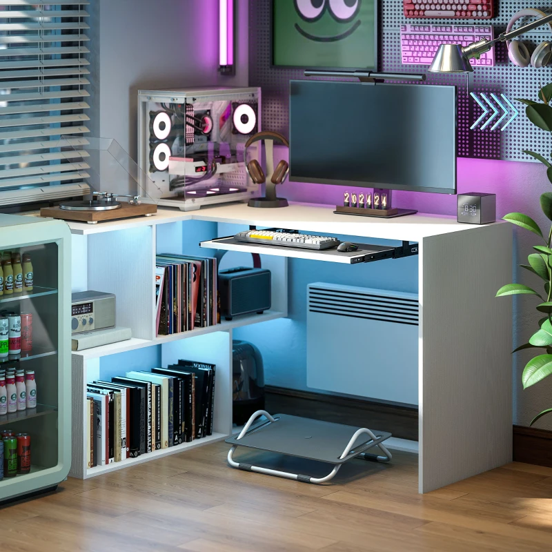 HOMCOM Birou pe Colț Modern cu Tavă Glisantă pentru Tastatură și Rafturi cu 4 Nivele, Alb