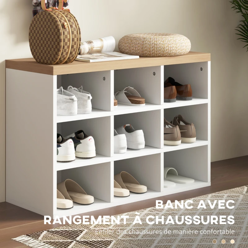 HOMCOM Ensemble meuble d'entrée 2-en-1 porte-manteau mural banc à chaussures 3 crochets et 9 niches 75x30x50cm blanc et chêne